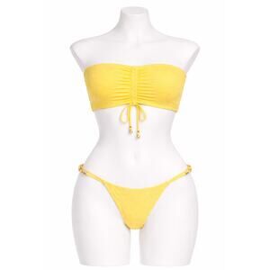 JMP The Label Yellow Textured Bandeau Bikini Set Gold Bead XL NWT
